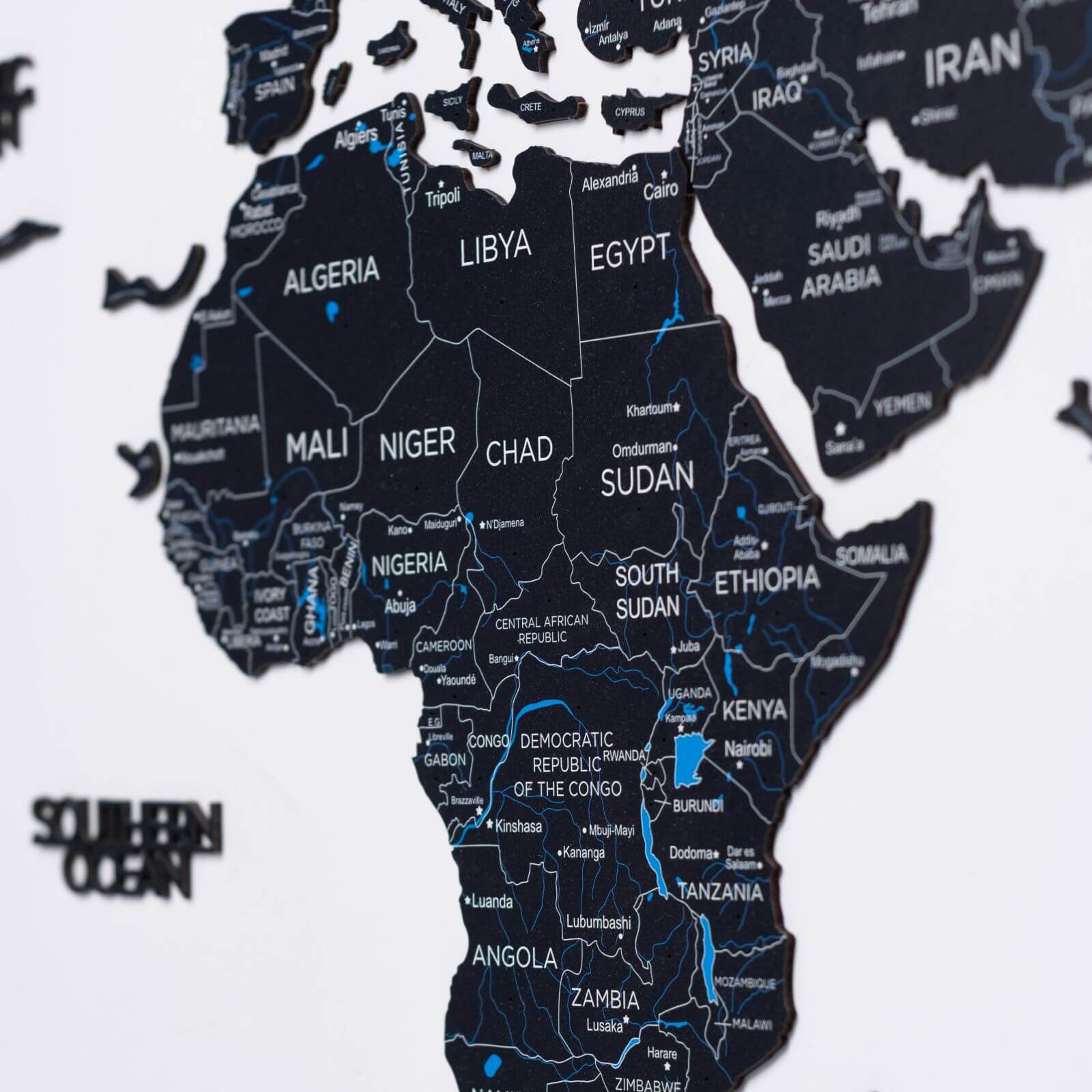 2D Wooden World Map Midnight Edition - Modern Travel Wall Art