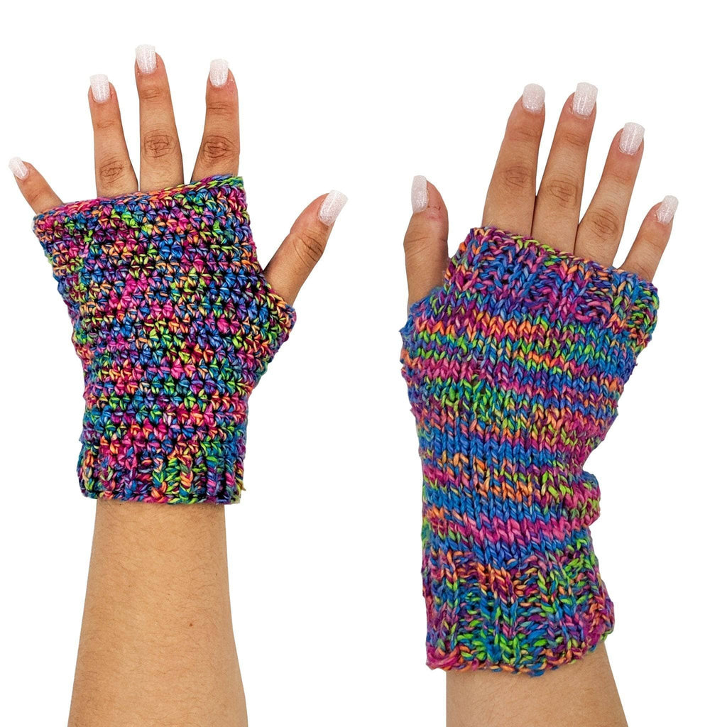 Colorful rainbow knit fingerless mitts in blue, pink, green, and orange, showcasing a bohemian handcrafted style.