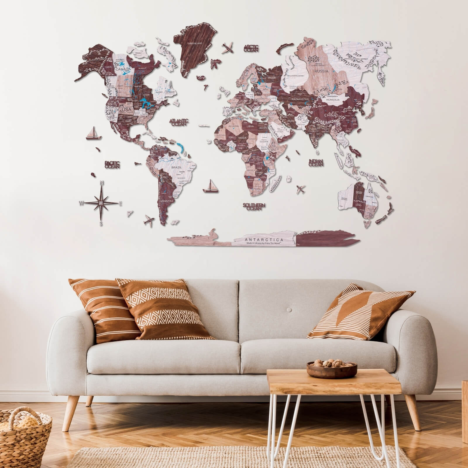 3D Wooden World Map in Cappuccino – Minimalist Travel Wall Art