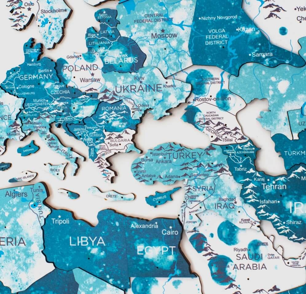 3D Wooden World Map Aurora Blue Wall Art for Home Decor