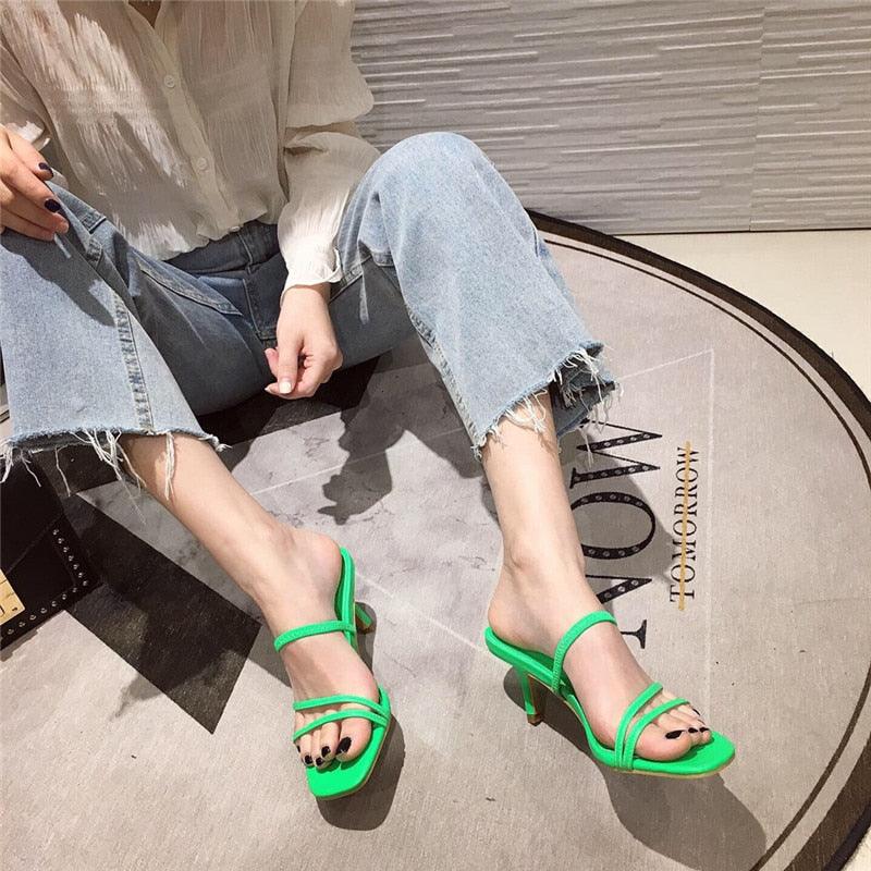 Square Open Toe Mid Heel Slide Sandals for Women Chic Slip-On Pumps - back view
