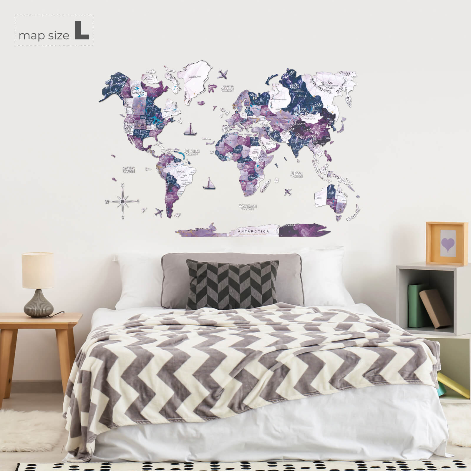 3D Wooden World Map Milky Way Purple Abstract Wall Art