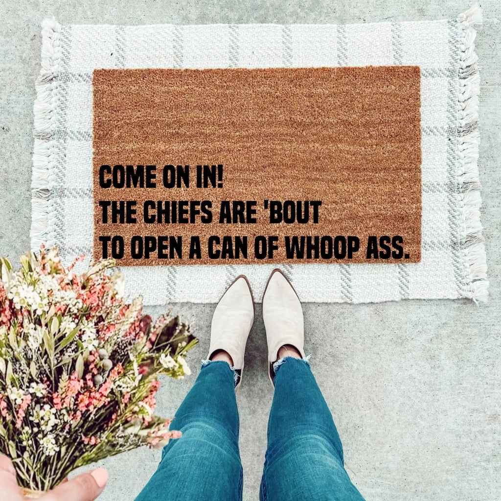 Kansas City Chiefs themed 'Come On In' doormat for football fans and entryway decor.