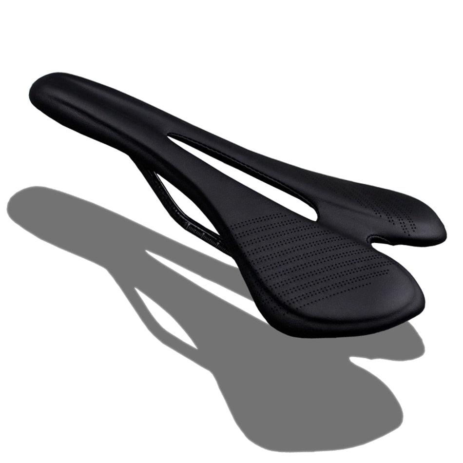 A sleek, ultra-light carbon fiber bicycle saddle for road and mountain bikes