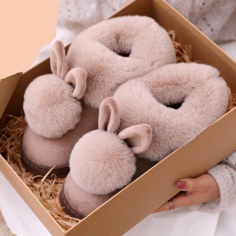 Cute Rabbit Ear Plush Slippers with Memory Foam for Home Comfort