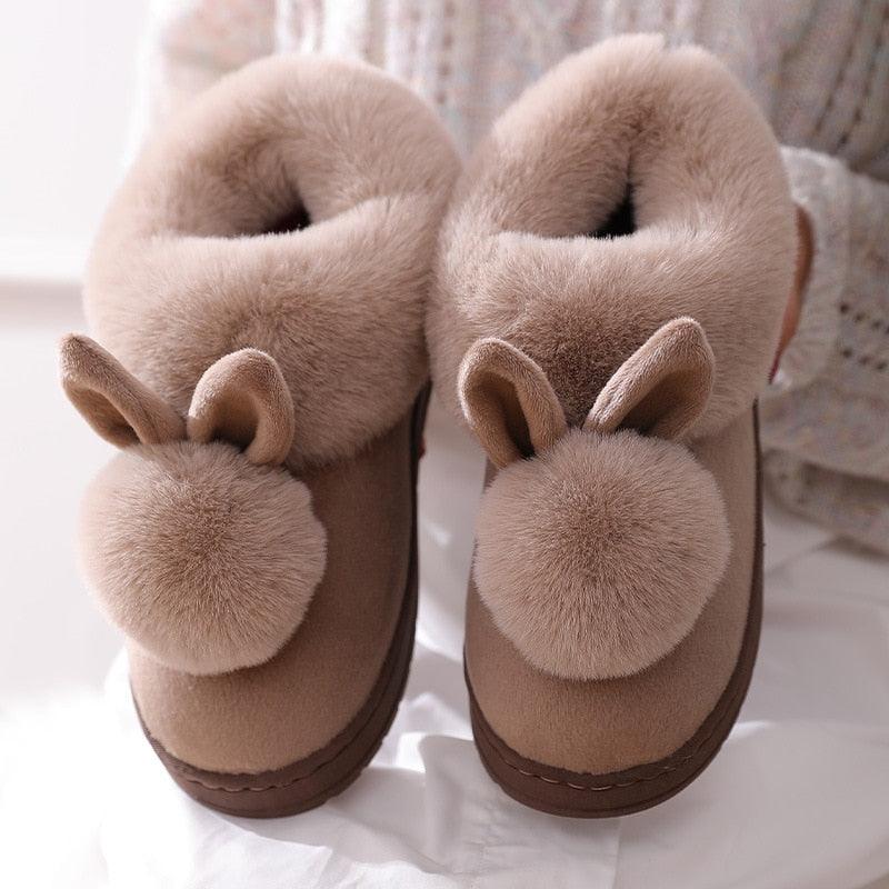 Cute Rabbit Ear Plush Slippers with Memory Foam for Home Comfort