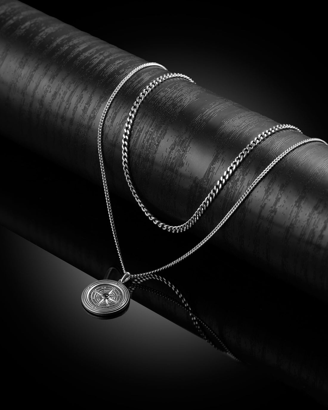Sterling Silver Compass Pendant Necklace with Onyx Stone