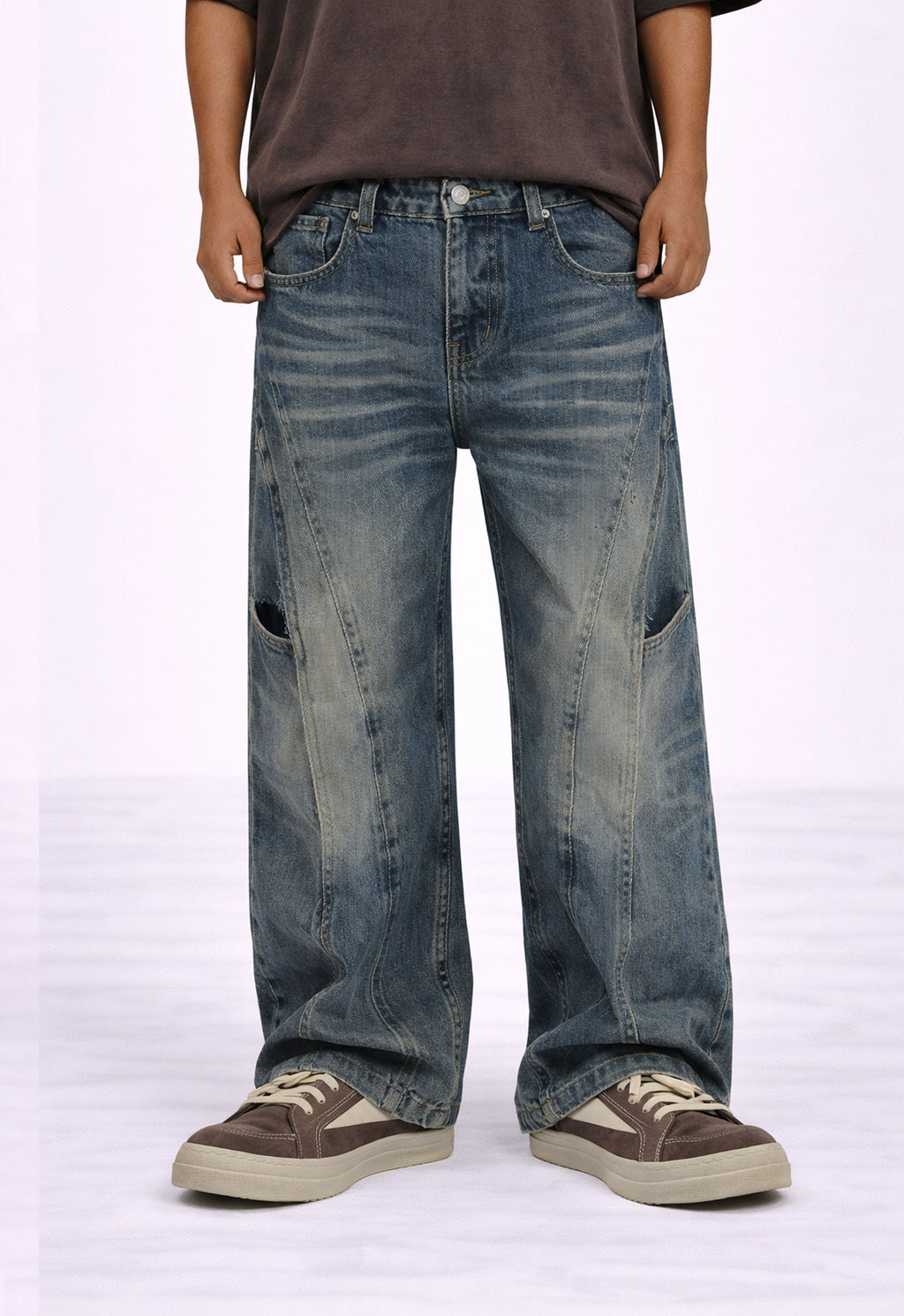 Wideboy Contrast Panel Denim Jeans in Sand Wash Baggy Fit - Image 2