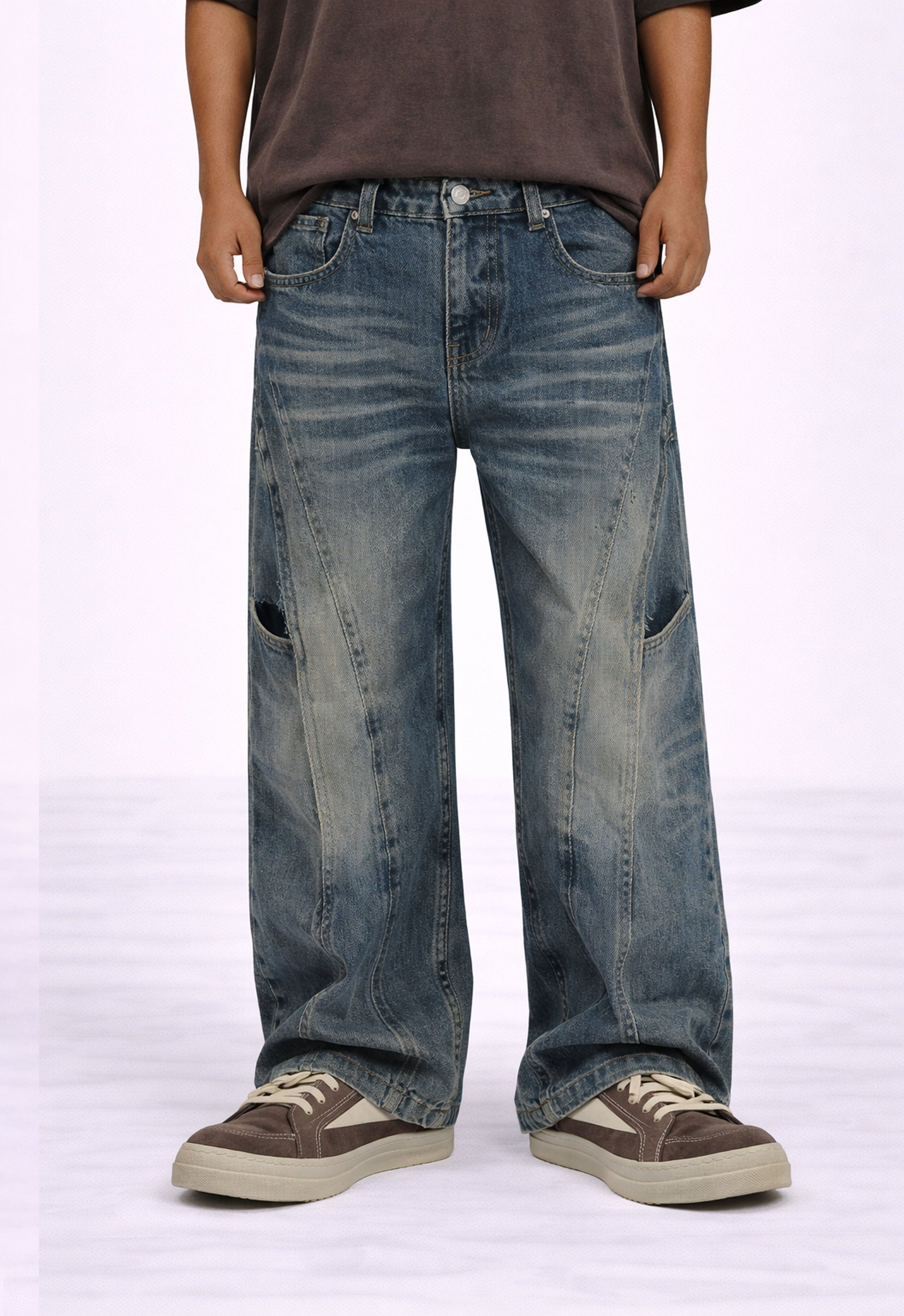 Wideboy Contrast Panel Denim Jeans in Sand Wash Baggy Fit - Image 2