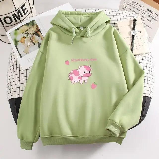 Strawberry Cow Print Oversized Hoodie – Aesthetic Casual Pullover