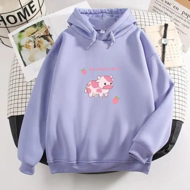 Strawberry Cow Print Oversized Hoodie – Aesthetic Casual Pullover
