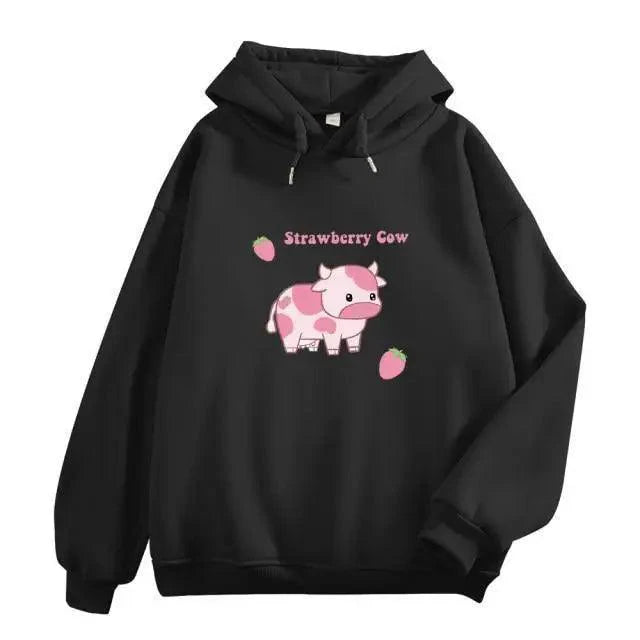 Strawberry Cow Print Oversized Hoodie – Aesthetic Casual Pullover