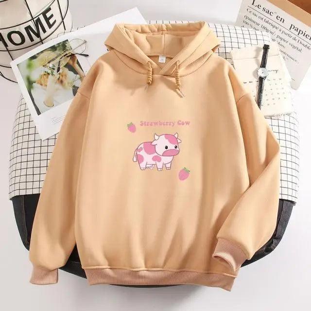 Strawberry Cow Print Oversized Hoodie – Aesthetic Casual Pullover