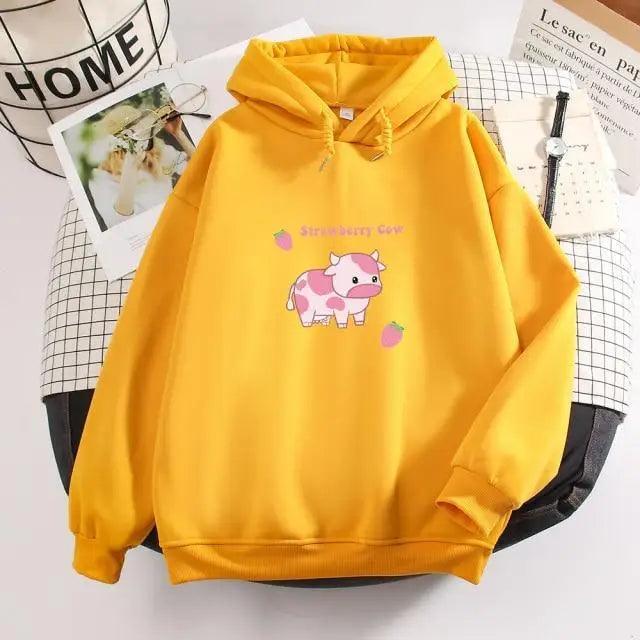 Strawberry Cow Print Oversized Hoodie – Aesthetic Casual Pullover