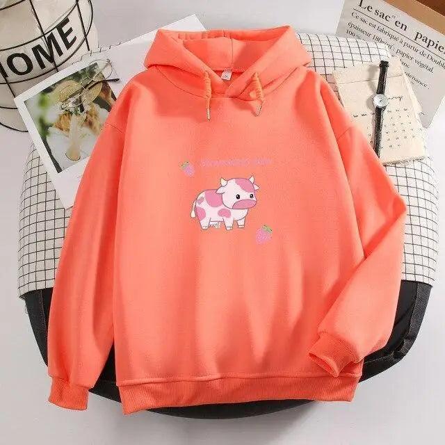 Strawberry Cow Print Oversized Hoodie – Aesthetic Casual Pullover