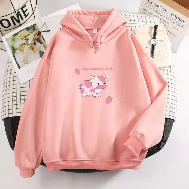Strawberry Cow Print Oversized Hoodie – Aesthetic Casual Pullover