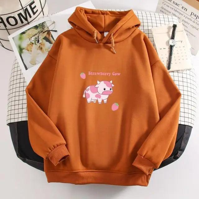 Strawberry Cow Print Oversized Hoodie – Aesthetic Casual Pullover