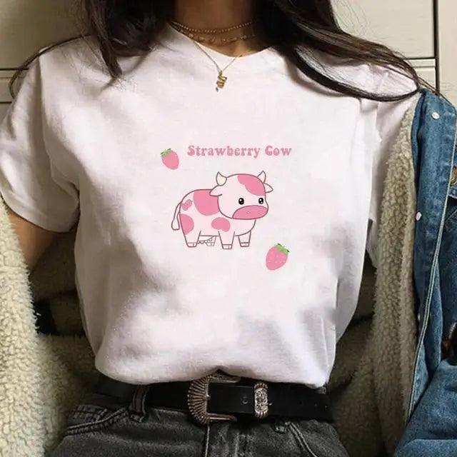 Strawberry Cow Print Oversized Hoodie – Aesthetic Casual Pullover