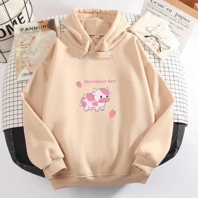 Strawberry Cow Print Oversized Hoodie – Aesthetic Casual Pullover