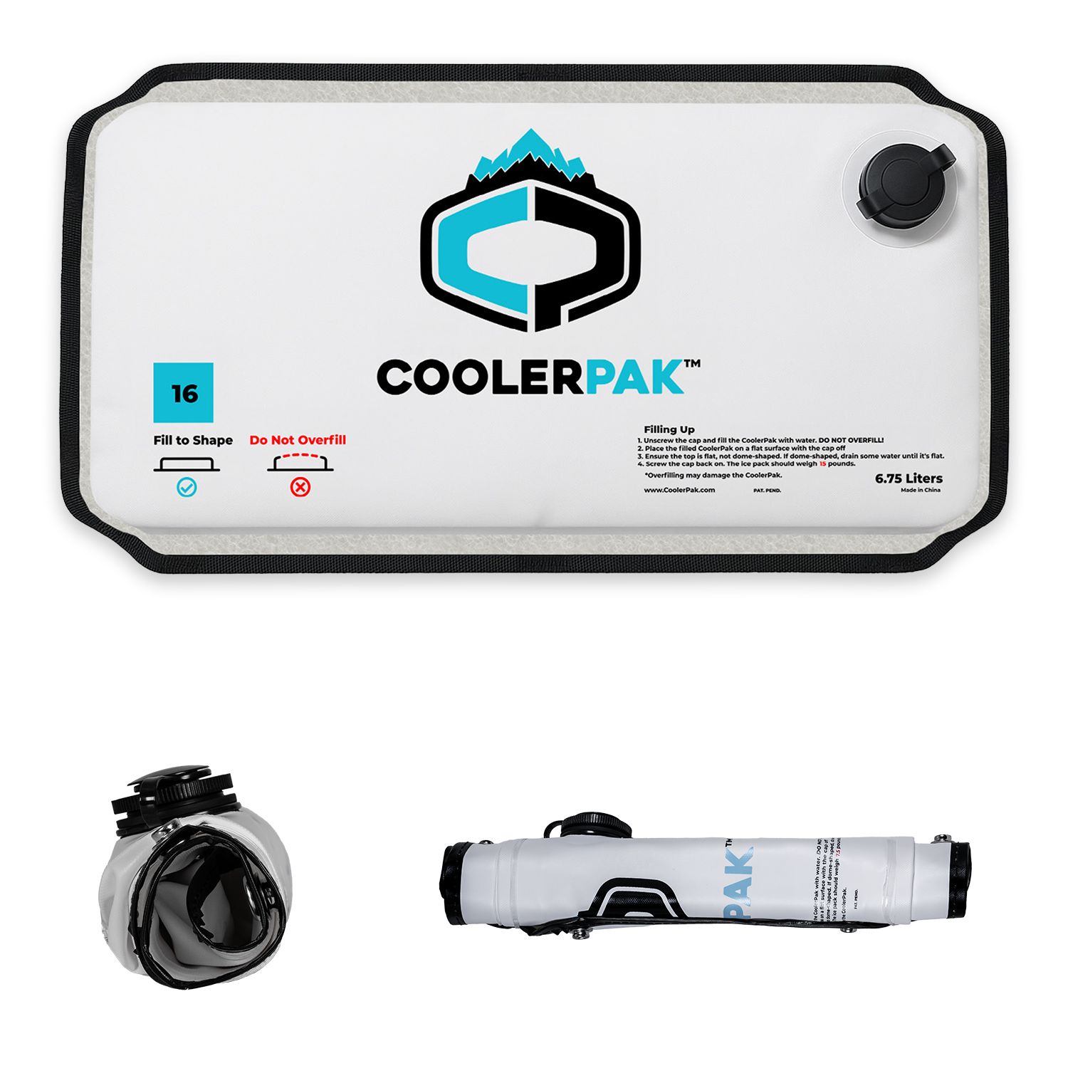 White rectangular reusable 16lb ice block pack with black logo and cap, shown flat and folded.