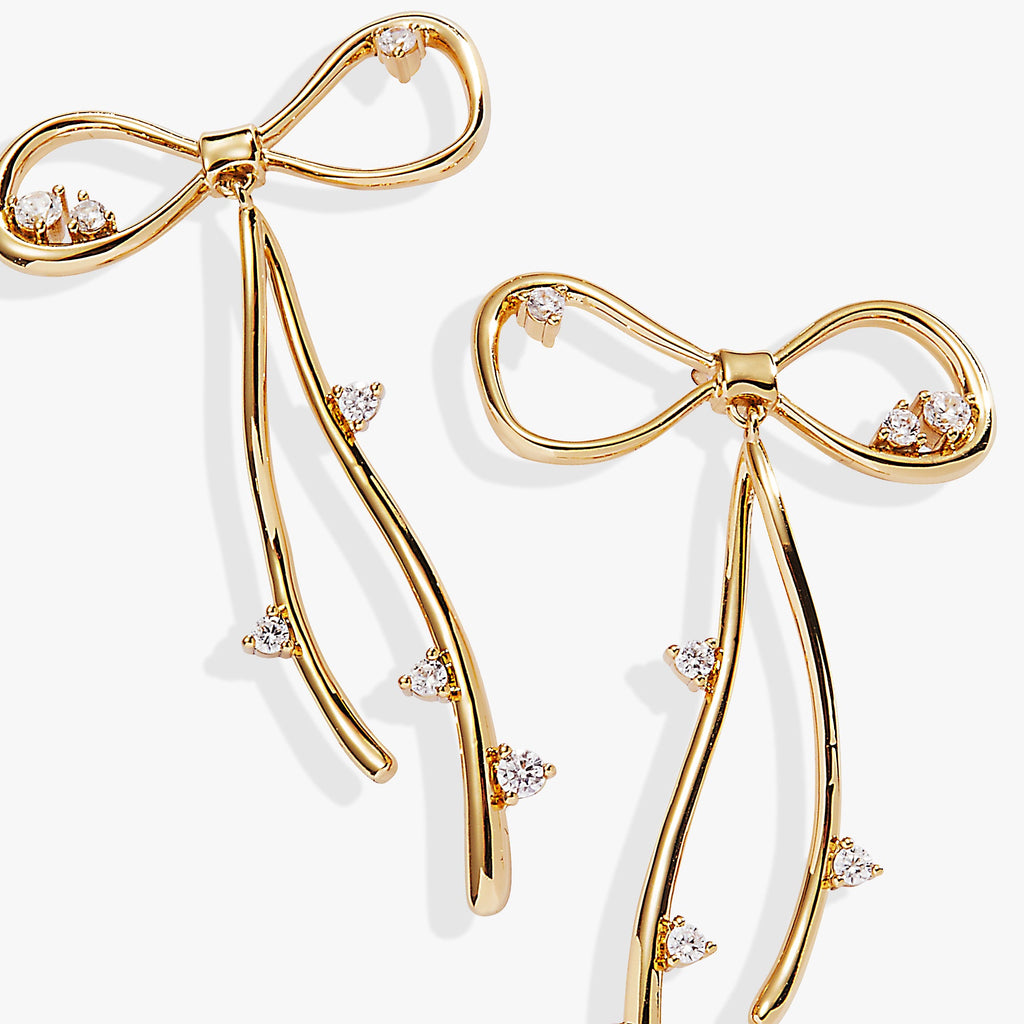 Coquette Bow Earrings with Crystal Accents in Bright Polished Gold