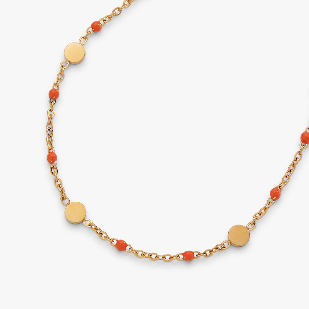 Coral Enameled Coin Station Anklet in Gold Plated Chain
