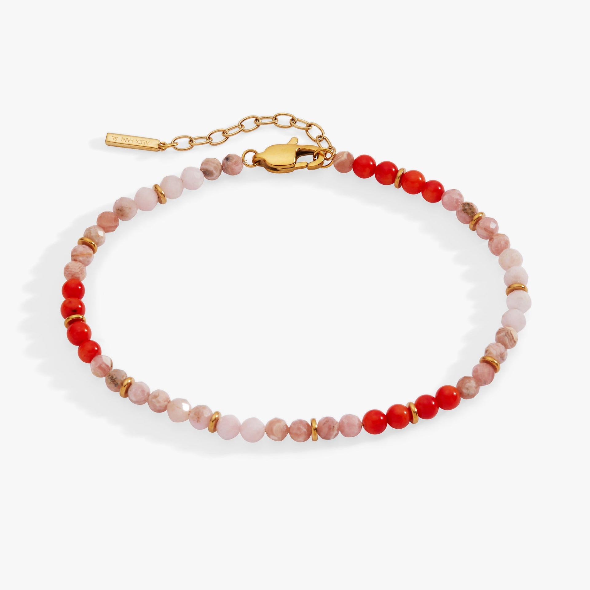 Coral and pink ombre beaded anklet featuring faceted semi-precious stones in a gradient style.