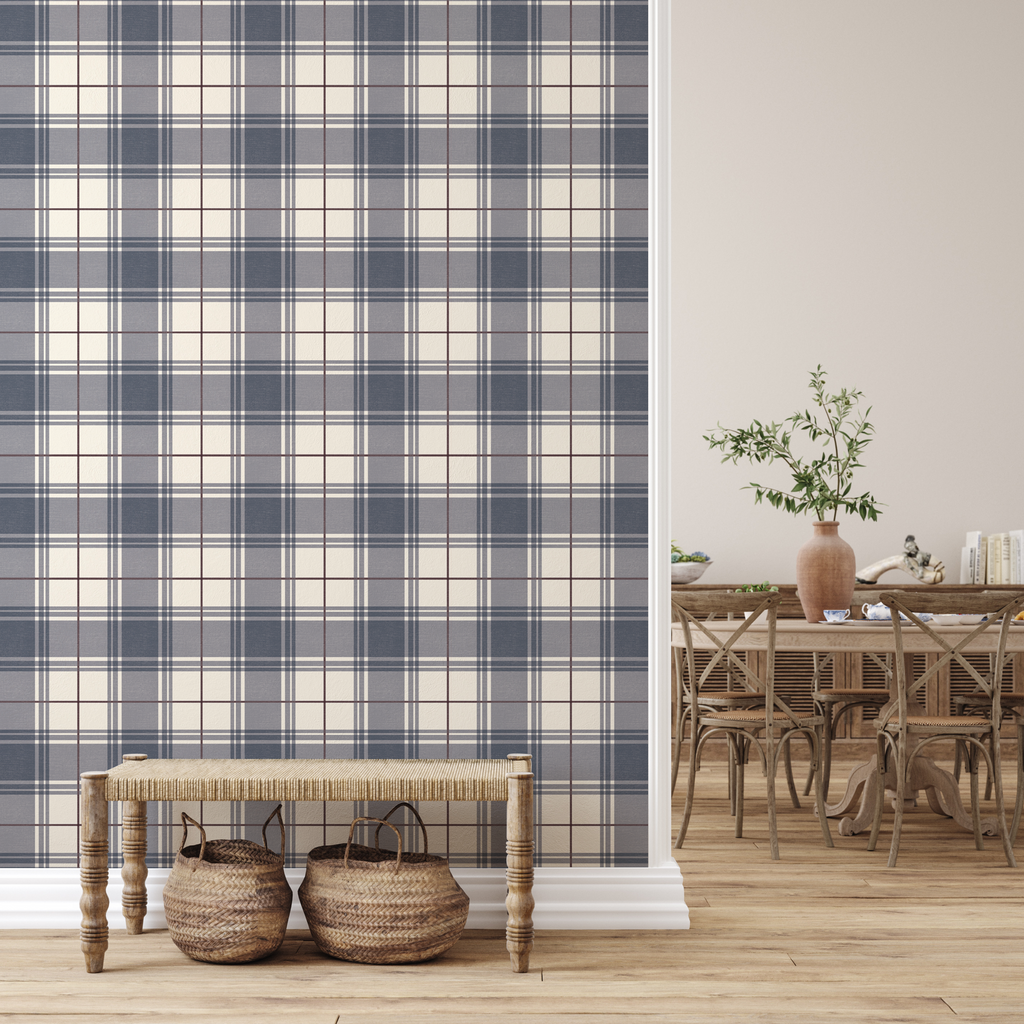 Corbin Plaid Wallpaper: Slate-Blue, Cream & Dark-Maroon Preppy
