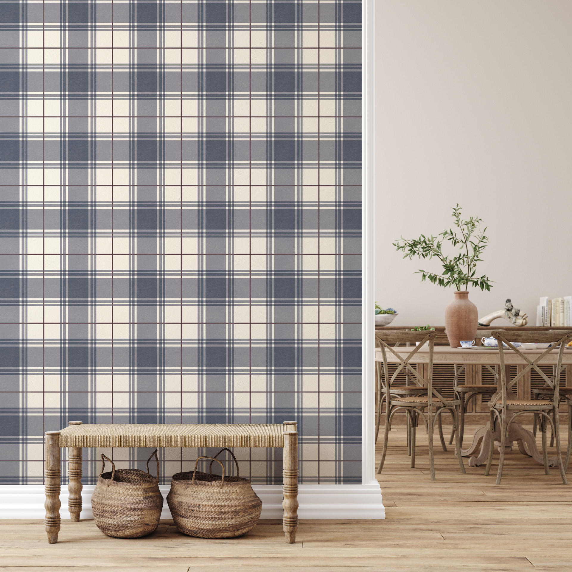 Corbin Plaid Wallpaper: Slate-Blue, Cream & Dark-Maroon Preppy