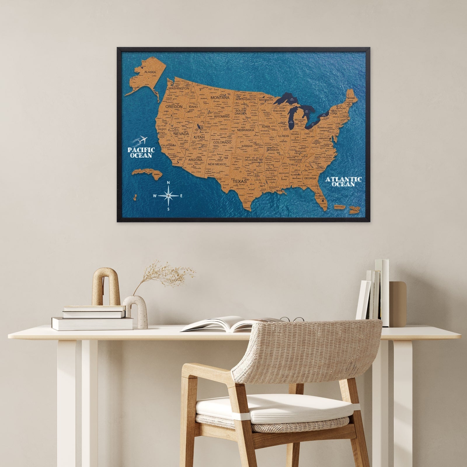 Cork USA Map Wall Art Modern Travel-Inspired Decor