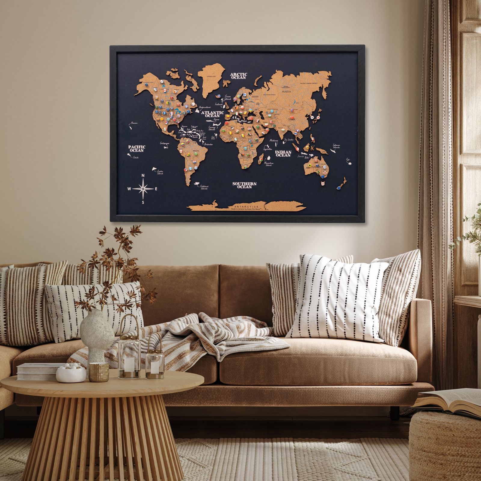 Cork Panel World Map Modern Minimalist Wall Art Brown