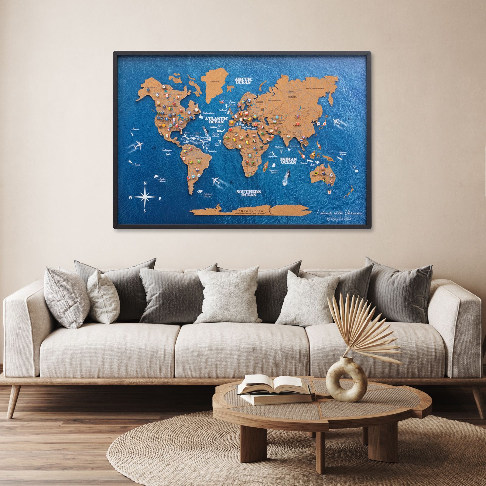 Cork Panel World Map Modern Minimalist Wall Art Brown