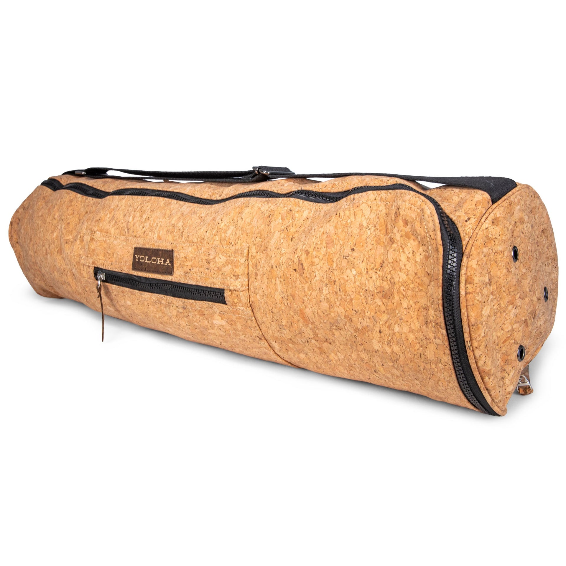 Natural cork yoga mat carrier bag featuring a J-zipper and exterior storage pockets