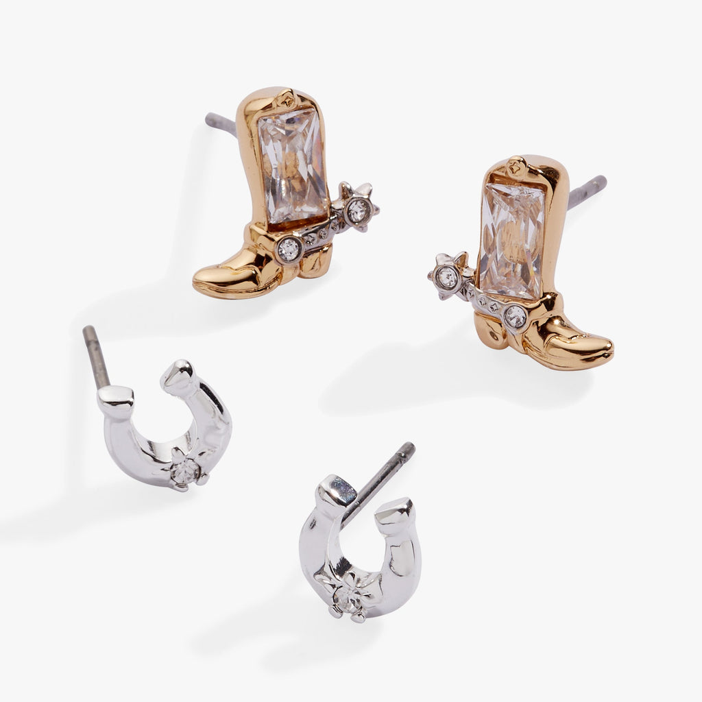 Cosmic Cowgirl Earring Stud Set: Mixed Metal Western Horseshoe Boot