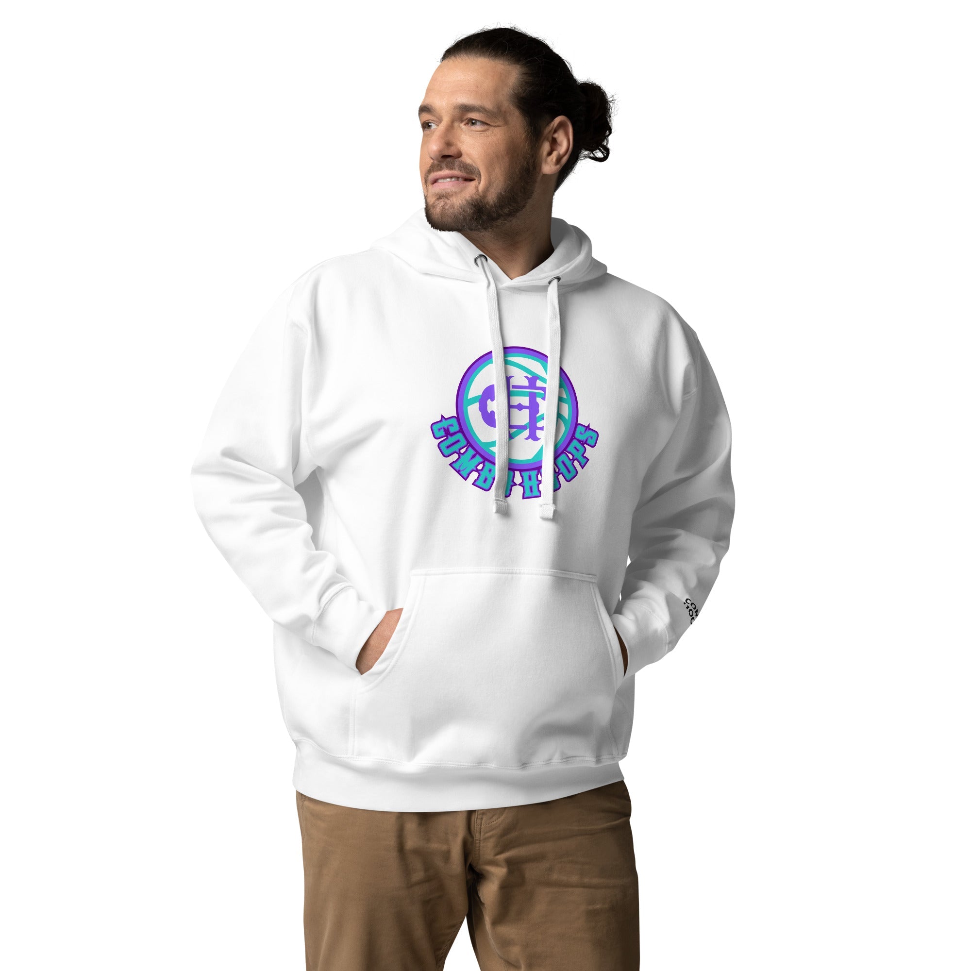 A man wearing a white Nh Combo Hoops unisex graphic hoodie with a front pouch pocket