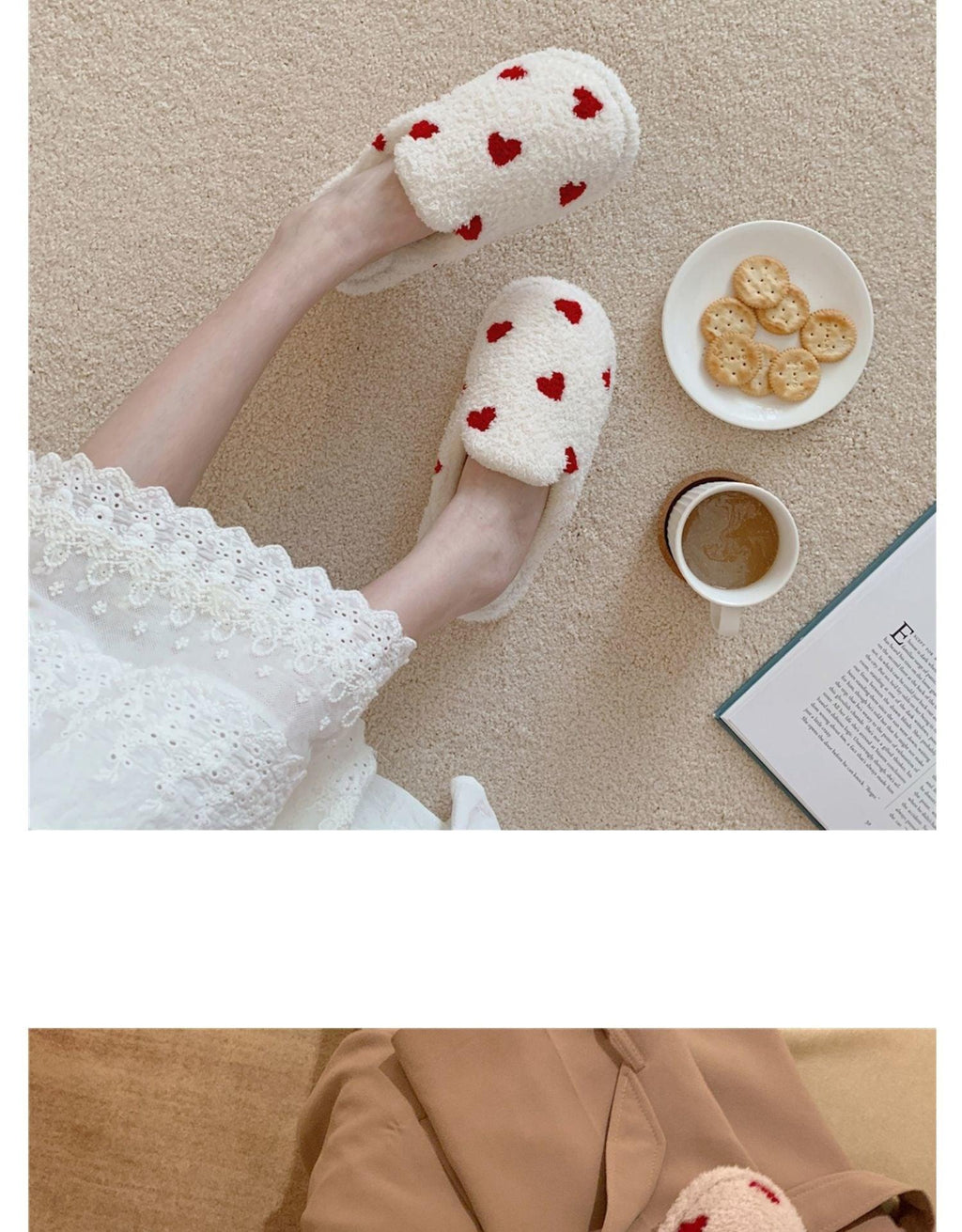 Women's Heart Print Plush Slippers – Cozy White & Red Indoor Shoes