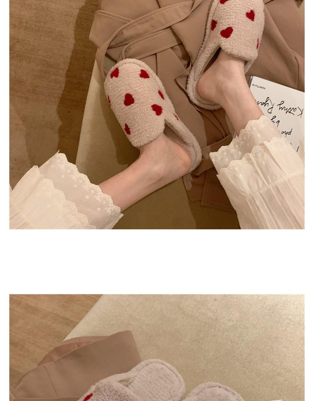 Women's Heart Print Plush Slippers – Cozy White & Red Indoor Shoes