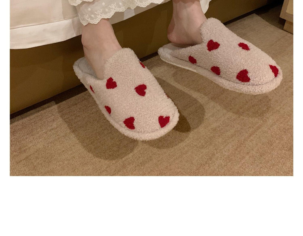 Women's Heart Print Plush Slippers – Cozy White & Red Indoor Shoes