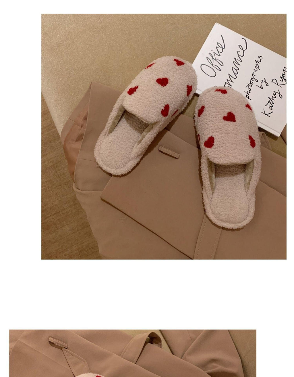 Women's Heart Print Plush Slippers – Cozy White & Red Indoor Shoes
