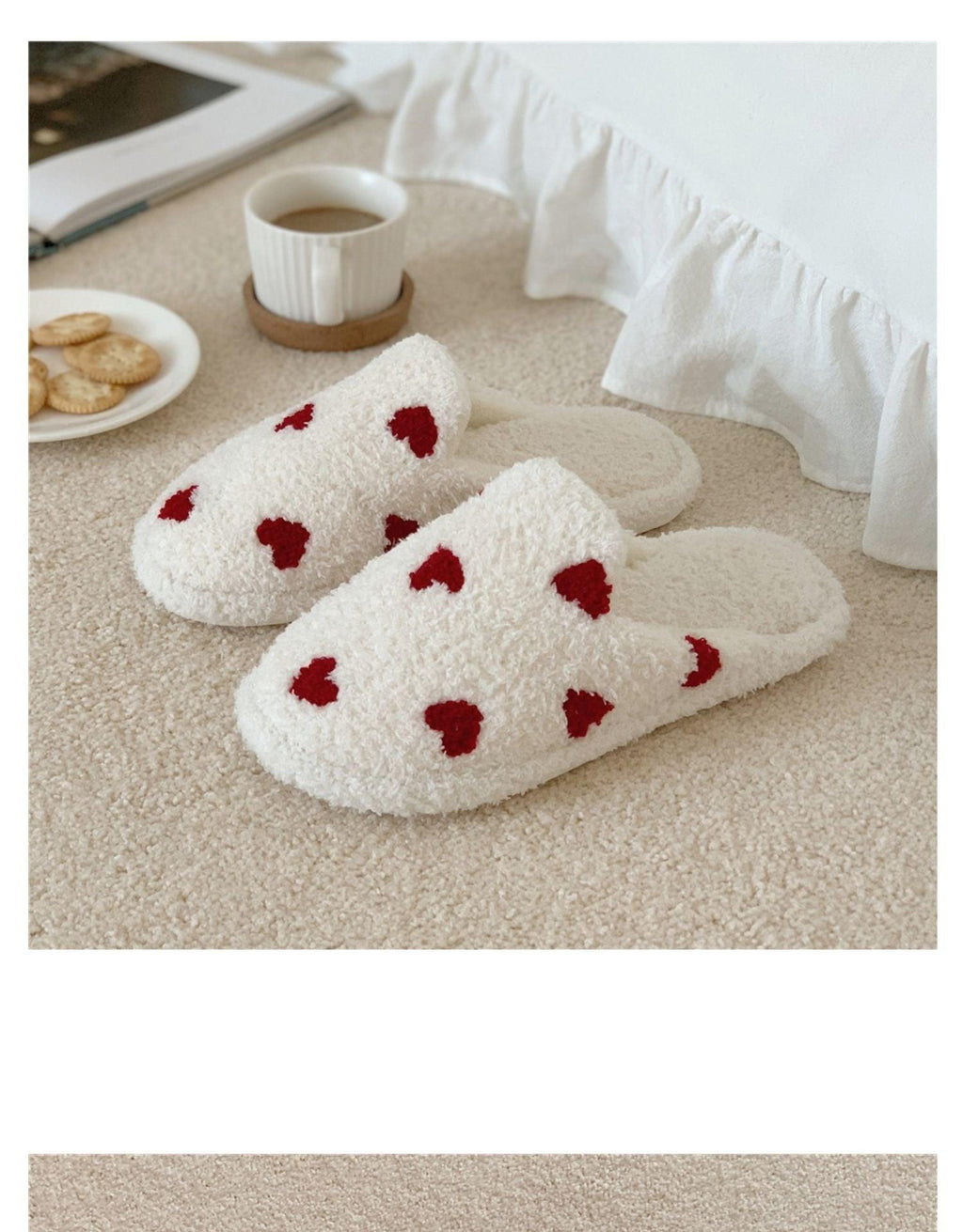 Women's Heart Print Plush Slippers – Cozy White & Red Indoor Shoes