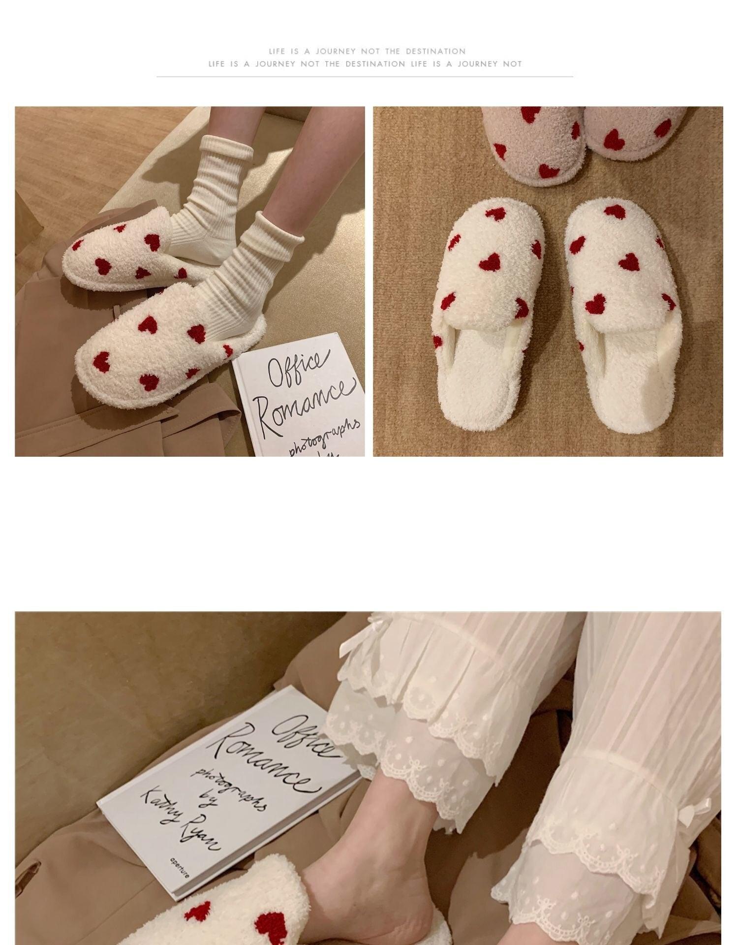 Women's Heart Print Plush Slippers – Cozy White & Red Indoor Shoes