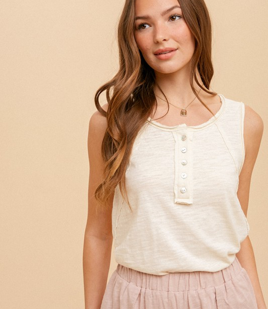 Cotton Slub Henley Tank Top in Cream