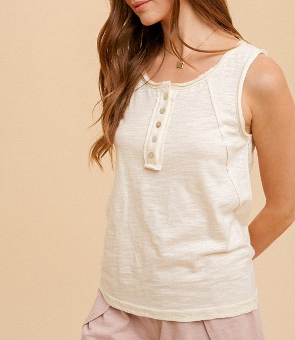 Cotton Slub Henley Tank Top in Cream