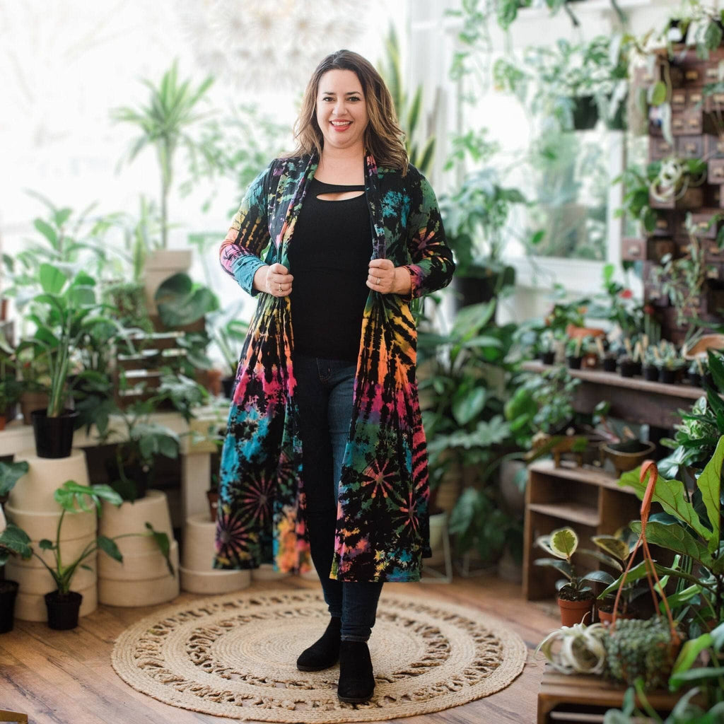Cotton Tie Dye Long Duster Cardigan in Black, Blue, Pink, Orange, Yellow