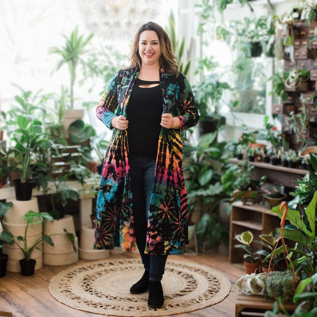 Cotton Tie Dye Long Duster Cardigan in Black, Blue, Pink, Orange, Yellow