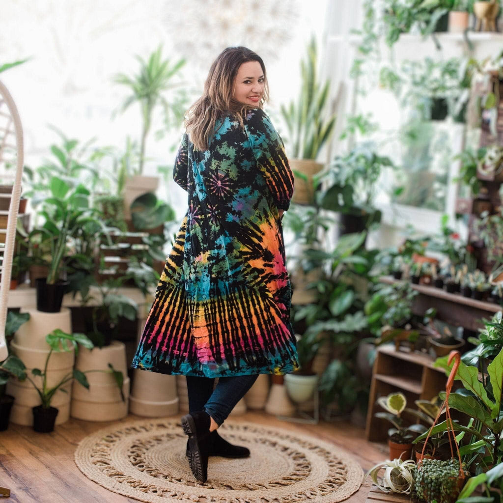 Cotton Tie Dye Long Duster Cardigan in Black, Blue, Pink, Orange, Yellow