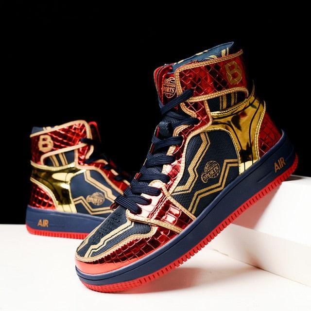 Multicolor couple's athletic sneakers in red, gold, and navy-blue