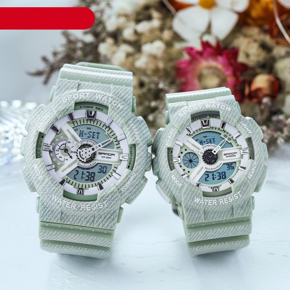 Unisex military-style digital sport watch with large display available in multiple colors.