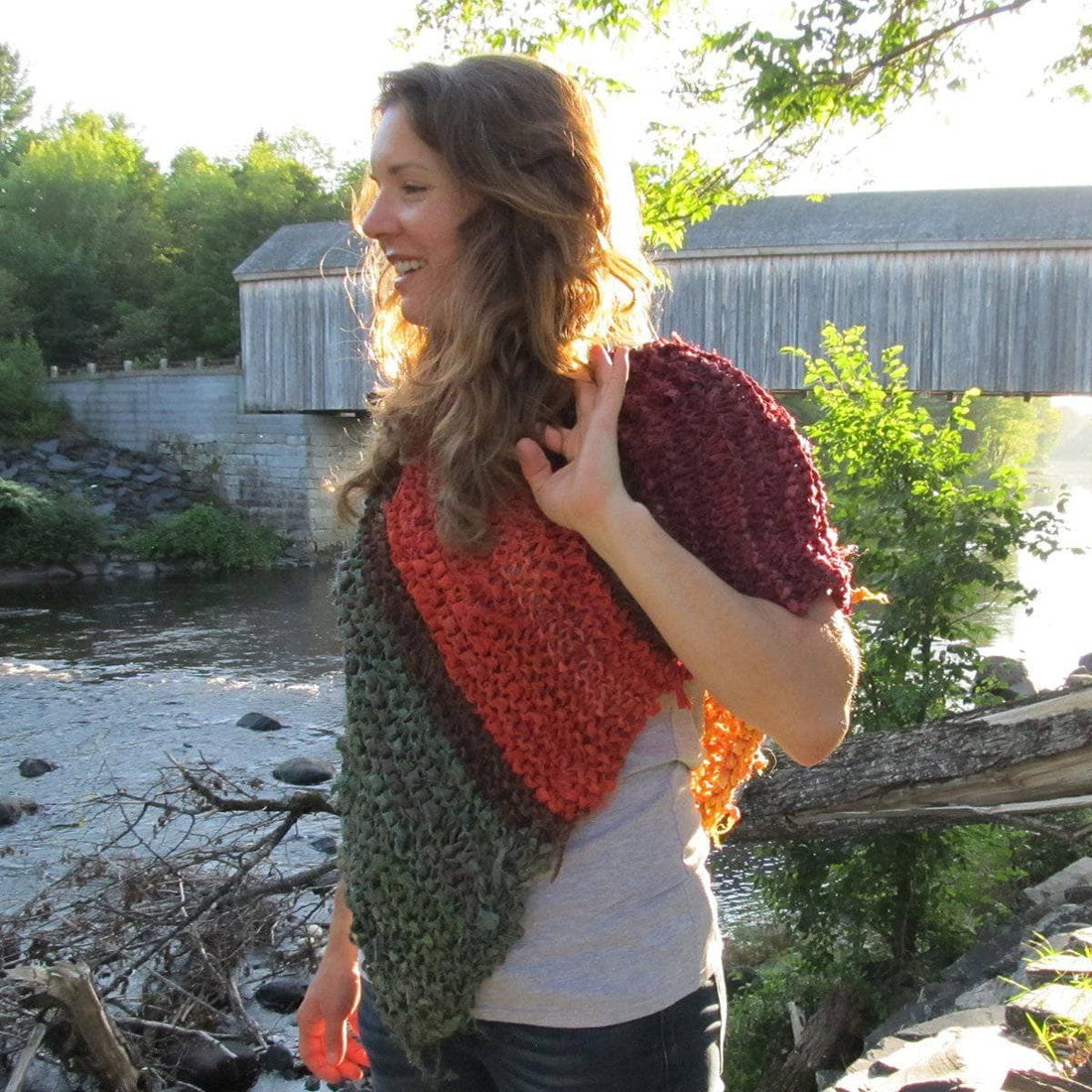Covered Bridge Striped Knit Poncho in Earth Tones for Women