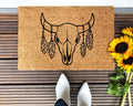 Cow Skull & Feathers bohemian farmhouse doormat with coir finish